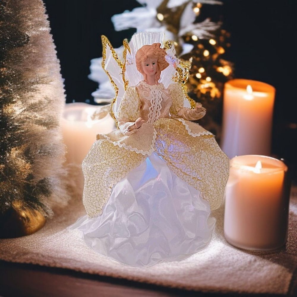 Fiber Optic Angel Tree Topper Gold Table Display Light Up Multi Color Christmas.